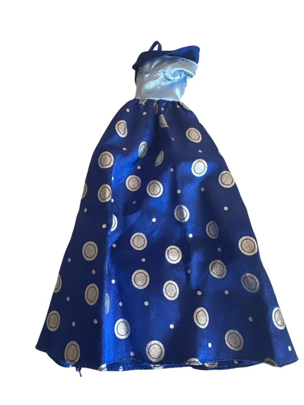 Genuine Barbie Blue Satin Polka Dot Doll Gown Dress Silver Accents Formal